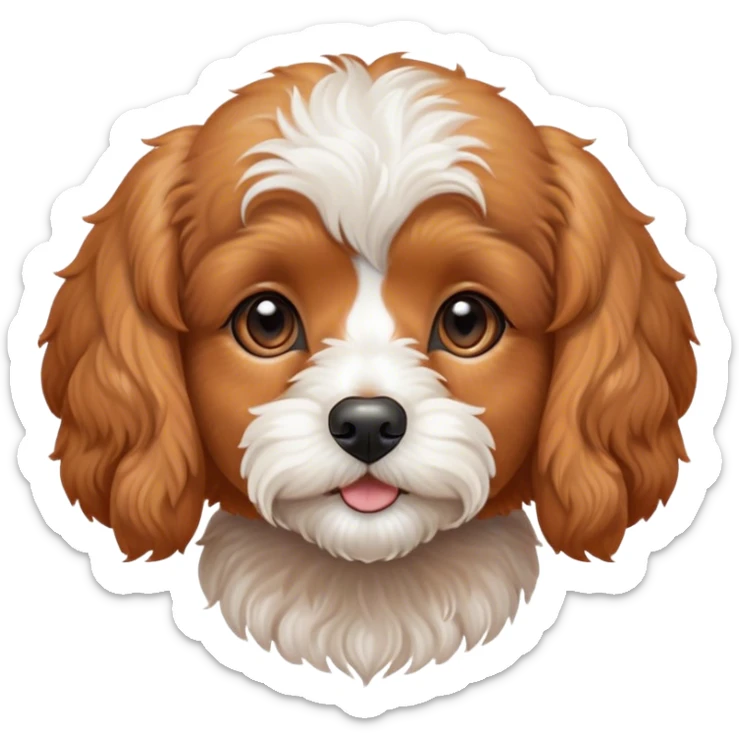 Cinematic Noble Apricot Cavoodle Portrait Emoji, Poised and regal, with a compact, cuddly build and a soft, curly apricot coat accented by gentle white markings, deep-set soulful brown eyes, Simplified yet sharp and sophisticated features, highly detailed, glowing with a soft, dignified glow, high shine, intelligent and affectionate, stylized with an air of elegance, focused and attentive, soft glowing outline, capturing the essence of a watchful and confident companion, so majestic it feels as though it could step out of the screen with effortless authority! sticker