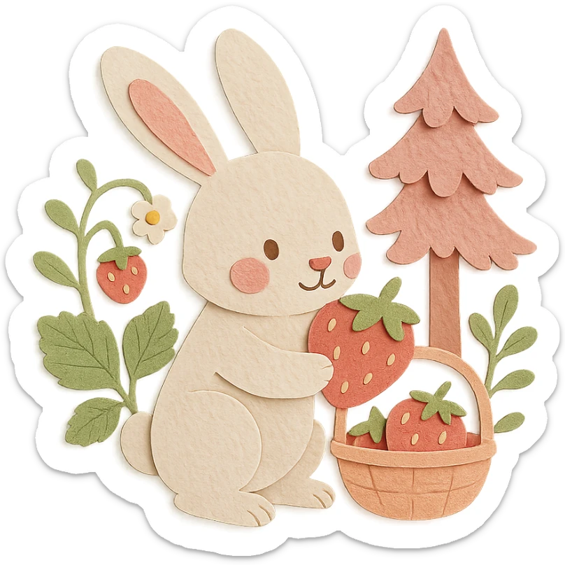 highly detailed, high quality paper craft style illustration of a bunny picking strawberries in the woods, sweet pastel red colors, intricate textures, soft lighting, delicate cut-paper details sticker