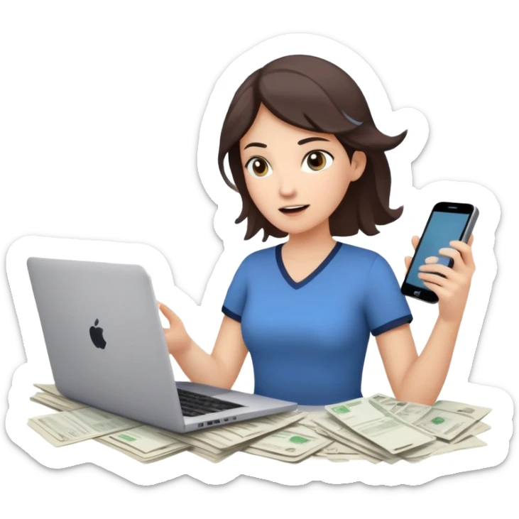 woman holding a phone in one hand, laptop open in front, storm of receipts, invoices, and reminders swirling around, multitasking chaos sticker