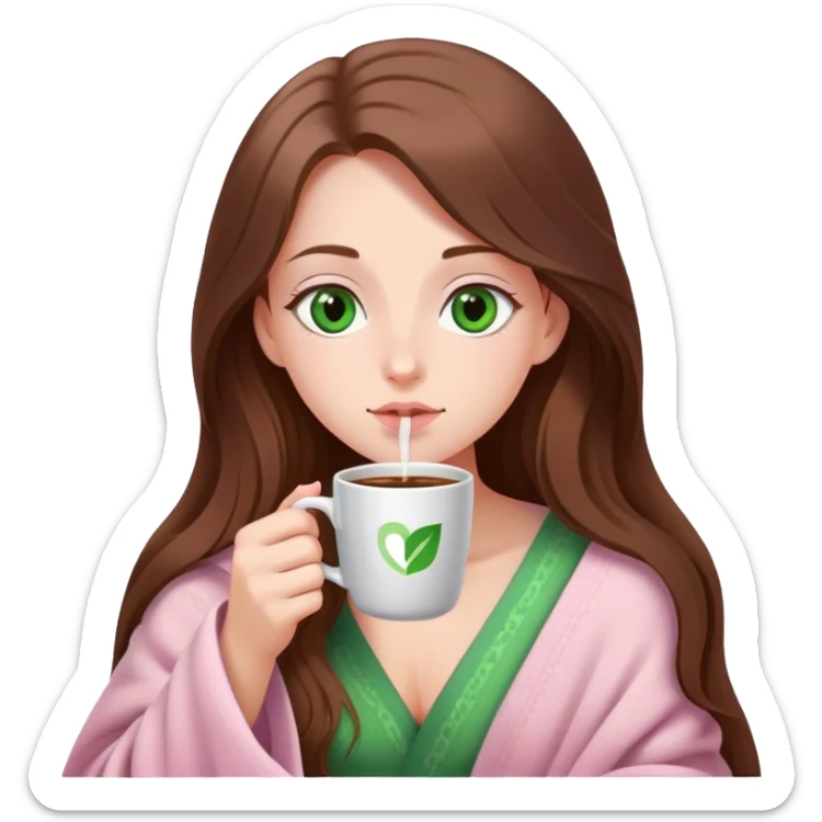 A pretty white girl with very long brown hair and green eyes in a light pink blanket sipping coffee sticker