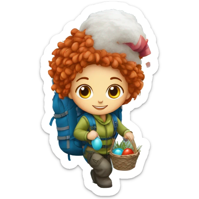 Female winter mountain climber red hair climbing, Greek flag on backpack and holding Easter eggs basket sticker
