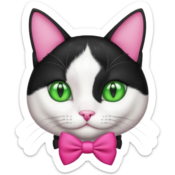 A black and white cat tuxedo breed head with green eyes she has a hot pink bow on her head  sticker