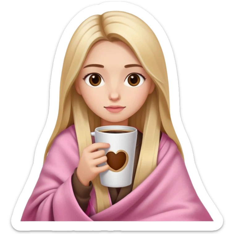Long blonde straight balayage hair girl drinking coffee, almond dark brown eyes, pink blanket sticker