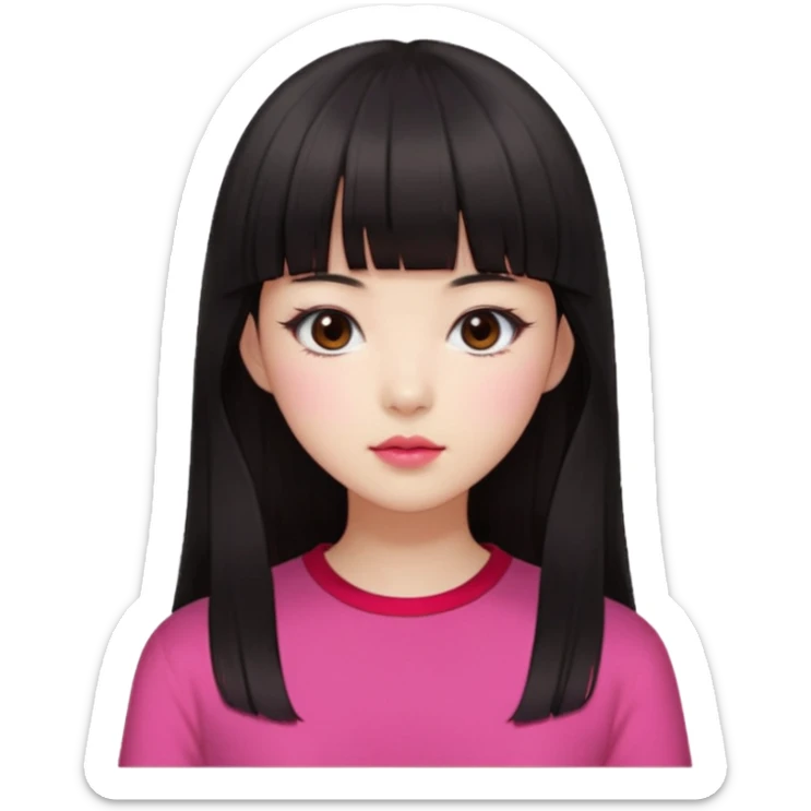 Korean girl, red top, black brown hair, brown eyes, long hair, cool girl, aesthetic, long hair, hime cut, blunt bangs, pink lips, pink cheek sticker