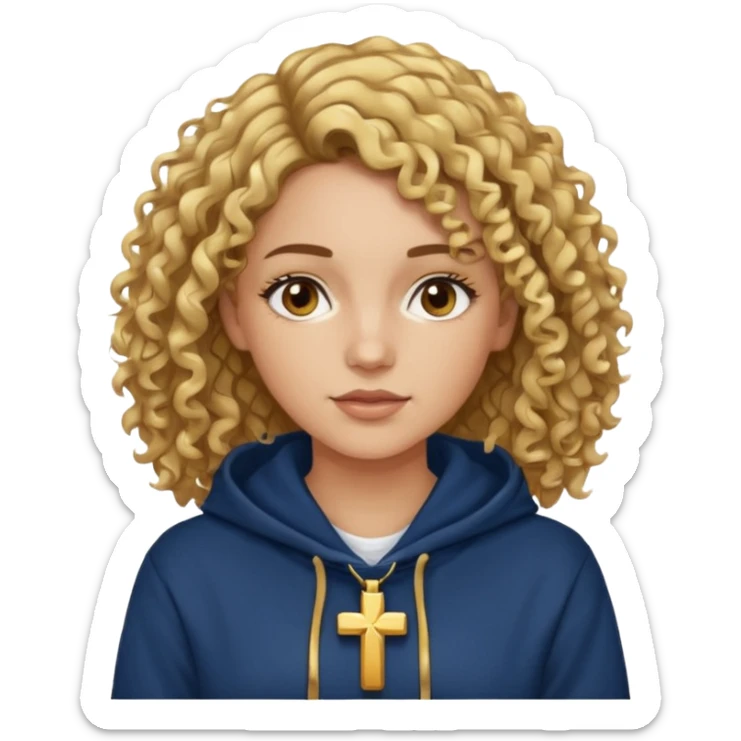 woman with curly brown hair and blonde highlights, brown eyes, and a gold cross necklace over a navy hoodie. sticker