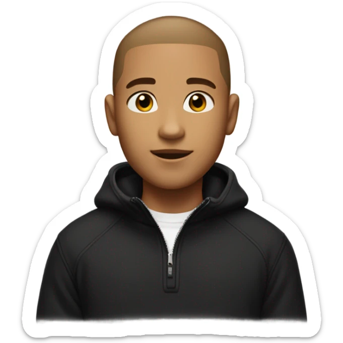 boy with light tanned skin, buzz cut, no facial hair, wearing a smart black quarter zip jumper with white t shirt underneath. sticker