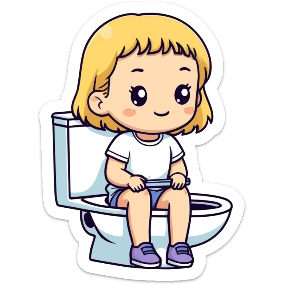 Girl with freckles and blonde hair sitting on toilet  sticker