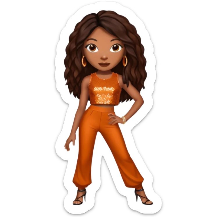 Brandy Norwood with dark brown long hair, burnt orange sequin crop top and pants sticker