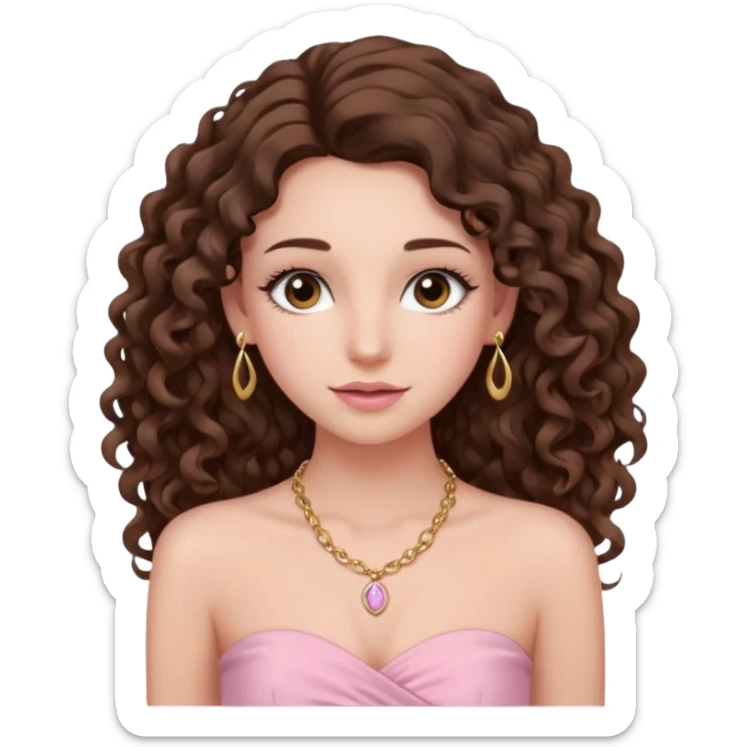 crée moi une jeune fille très belle avec les cheveux bouclés long brune avec un top  sans manche ni brettelles juste un 'bandeau' de couleur rose clair avec un peu de maquillage et des beauxcils un collier en or sticker