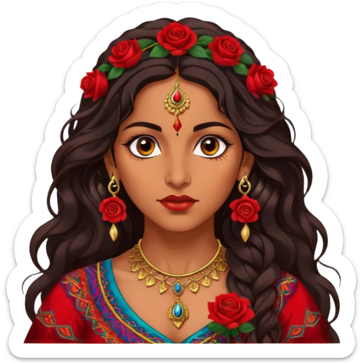 A beautiful Romani woman with deep, expressive eyes and long, wavy dark hair. She wears a vibrant, traditional outfit with intricate patterns and golden jewelry. A red rose is tucked behind her ear, adding a touch of elegance. Her expression is confident and mysterious, as she stands under the warm glow of lanterns, evoking a sense of freedom and passion sticker