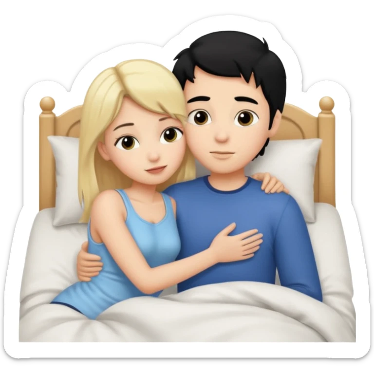 Blonde hair girl black hair boy. Cuddle n kissin in bed sticker