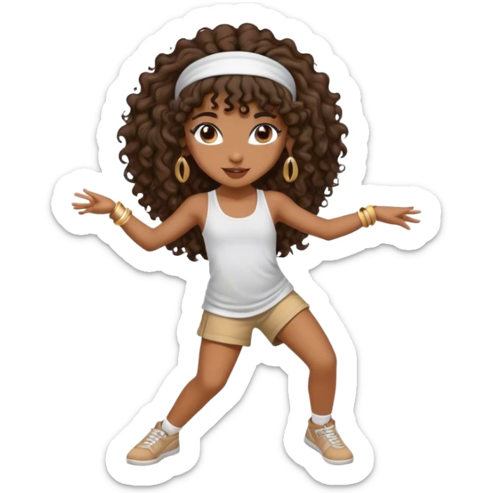Dancing brown girl with long darn brown curly hair with headband hip hop sticker