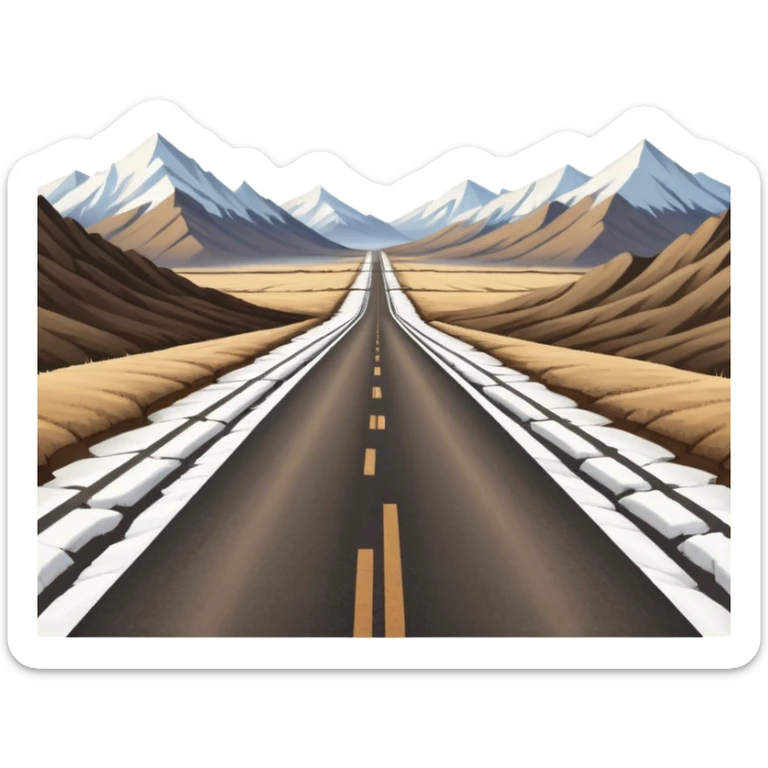 A long STRAIGHT dirt road that disappears into the horizon half way up the screen from the perspective of someone sitting in the middle of the road looking down it. Flat snow fields on both sides of the road with huge looming mountains above the roads horizon line.  sticker
