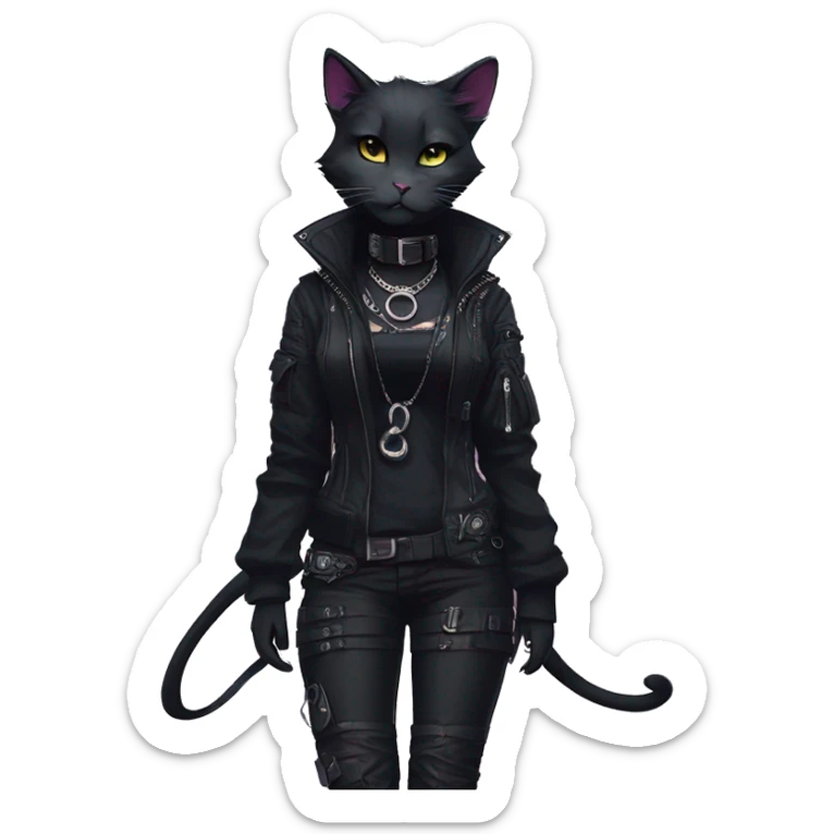 Gorgeous gothic dark techwear cyberpunk anime style sona anthro cat, aesthetic, and pretty edgy black with collar and harness, trending style sticker