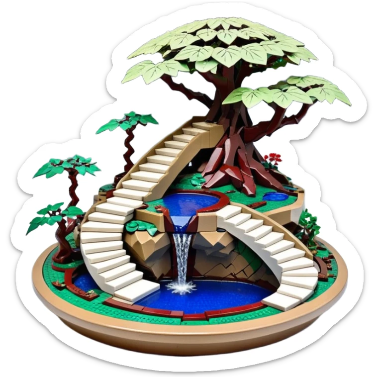 Alien saucer jungle-vines Lego stairway fountain mountain-island landscape antique mudman very old broken cracked intricate Stone Age lapis-crusted irregular dodecagon-shaped shallow dark moss rough bark blue serissa flowered maple tree bonsai pot sticker