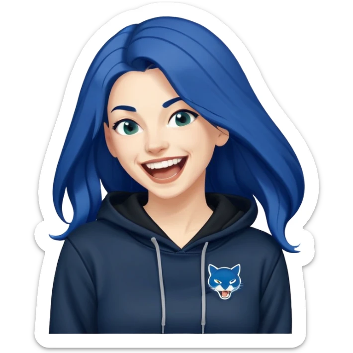 White 30 year old woman with really long dark blue hair head back laughing hysterically wearing a black hoodie with a PUMA logo sticker
