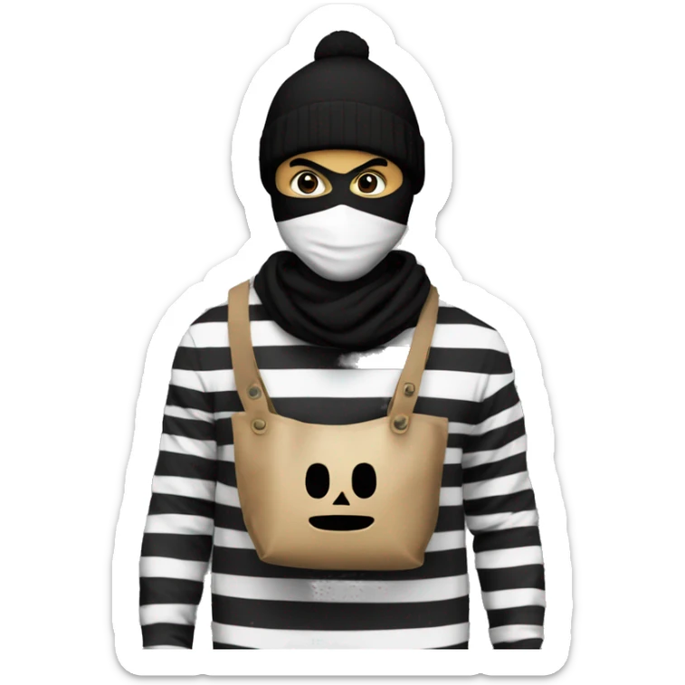 Robber,black and white striped shirt,black mask, money bag black beanie sticker
