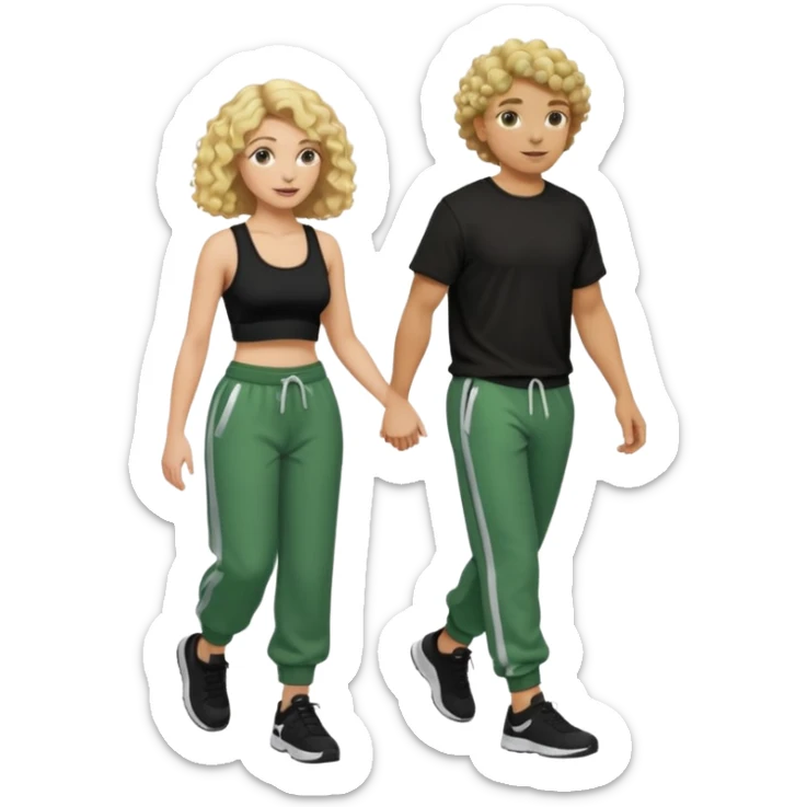 A white curly with curly blonde hair wearing a black crop top and baggy green sweatpants holding a mans hand walking sticker