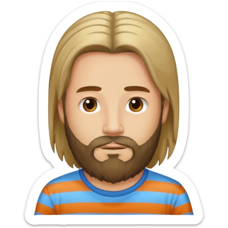 He has long hair and a beard but no moustache and wears a vertically striped t-shirt. sticker