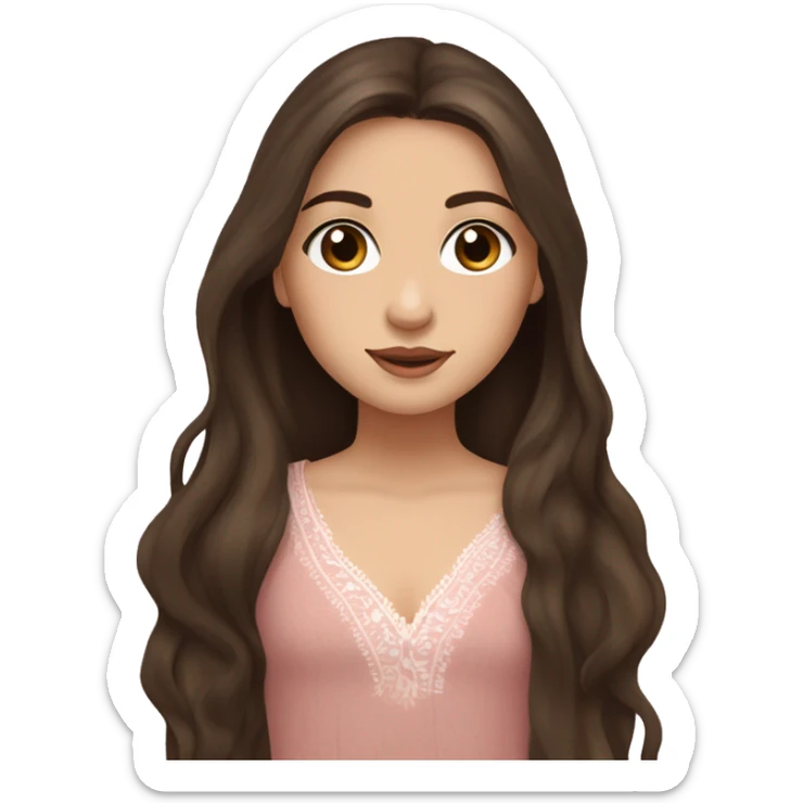 pale pretty brunette girl with really really long dark brown straight little bit wavy hair with brown eyes and wearing a brown boho top wearing eyeliner and wearing a pink lily flower in her hair sticker