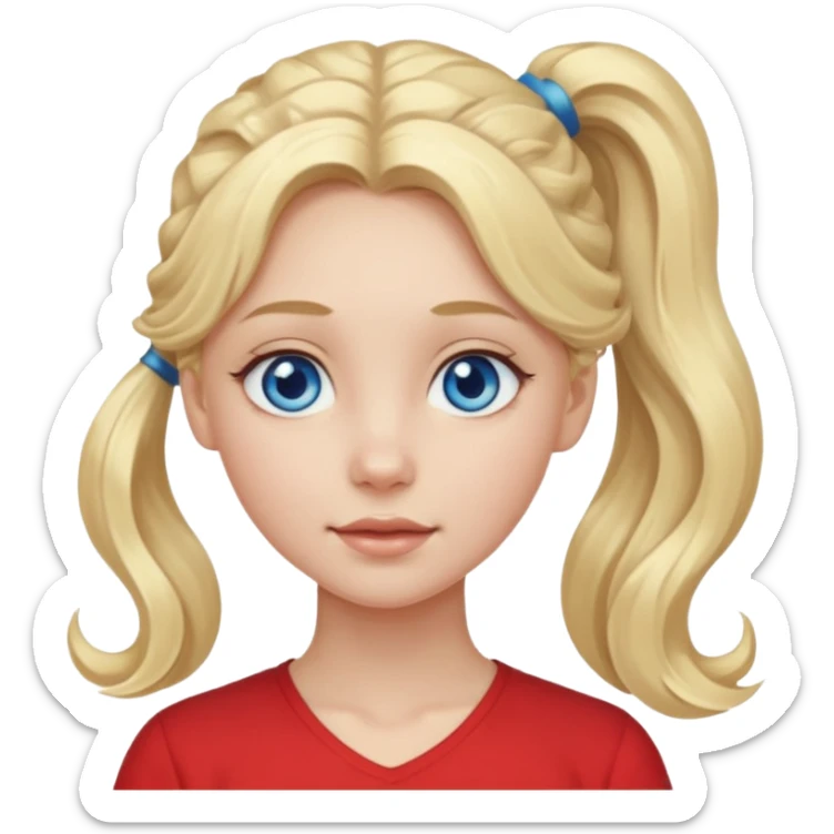 A pale girl with blue eyes and long and blonde , wavy hair in a pony tail sticker