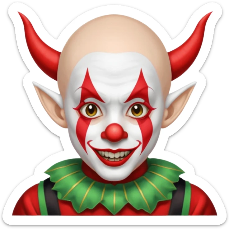 Crea un payaso que tenga toda la parte de la cara pintada de blanco que también de blanco esté la calva que no tenga pelo que tenga unas orejas como de duende, unos dientes picudos, unos cuernos de color negro y un traje de payaso rojo con negro sticker