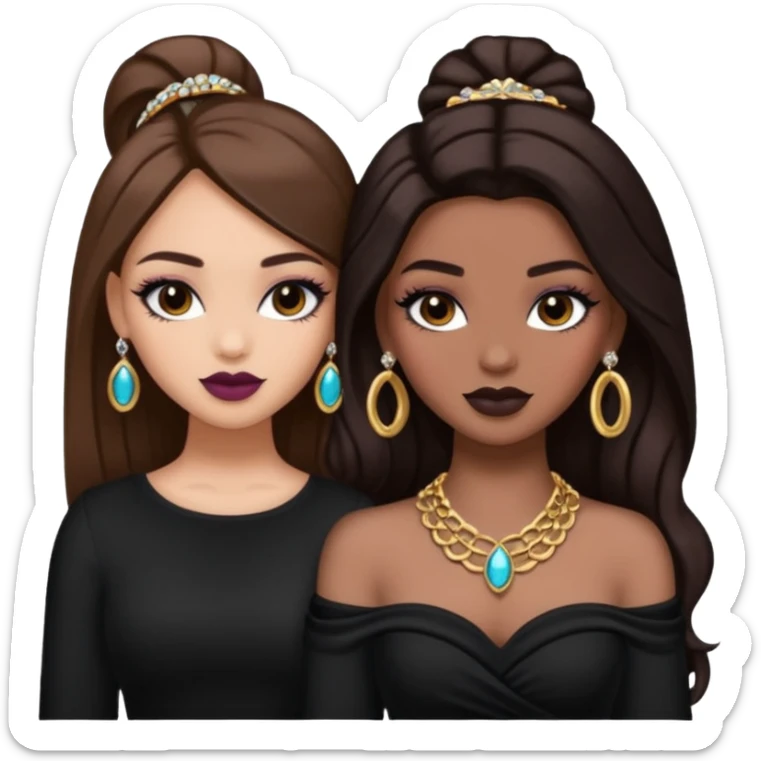Boujy baddie best friends, trendy heavy makeup both dark hair one light skinned and one mocha brown pretty hair style both wearing black and jewelery  sticker