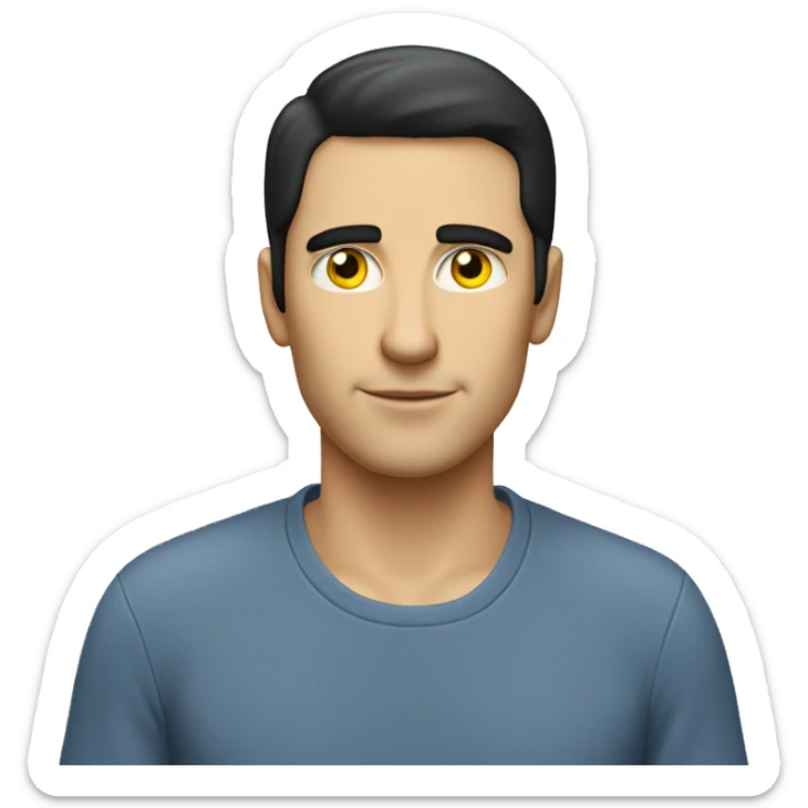 white man with black hair and yellow eye, no mustache. he is wearing blu shirt that says "ai".  sticker