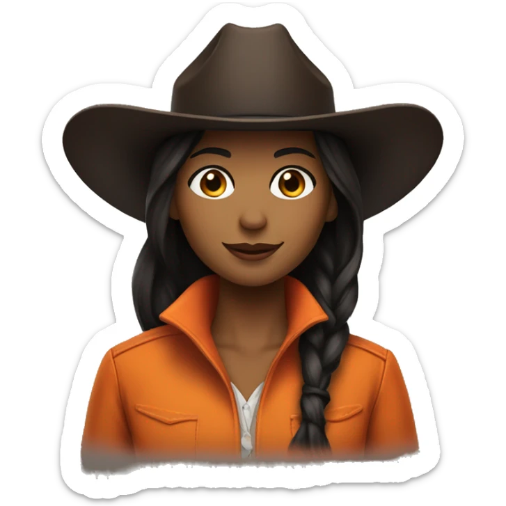 cowgirl straight dark brown hair, orange burnt coat, black hat sticker