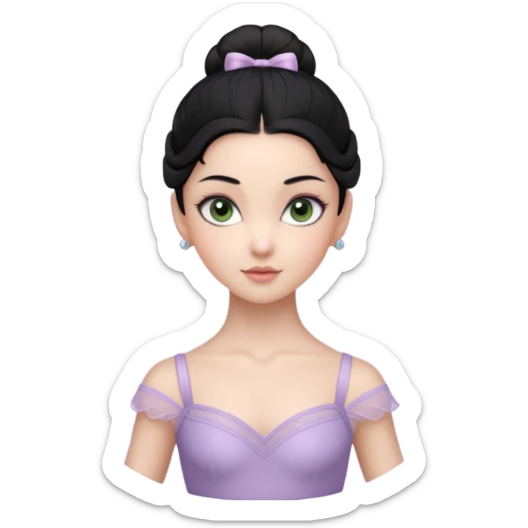 Cinematic Realistic ballerina Light Purple Portrait, depicted with lifelike skin texture, subtle rosy undertones, and soft natural lighting that enhances the gentle contours of her face. Her intricately detailed sweet black hair is elegantly styled, green eyes sticker