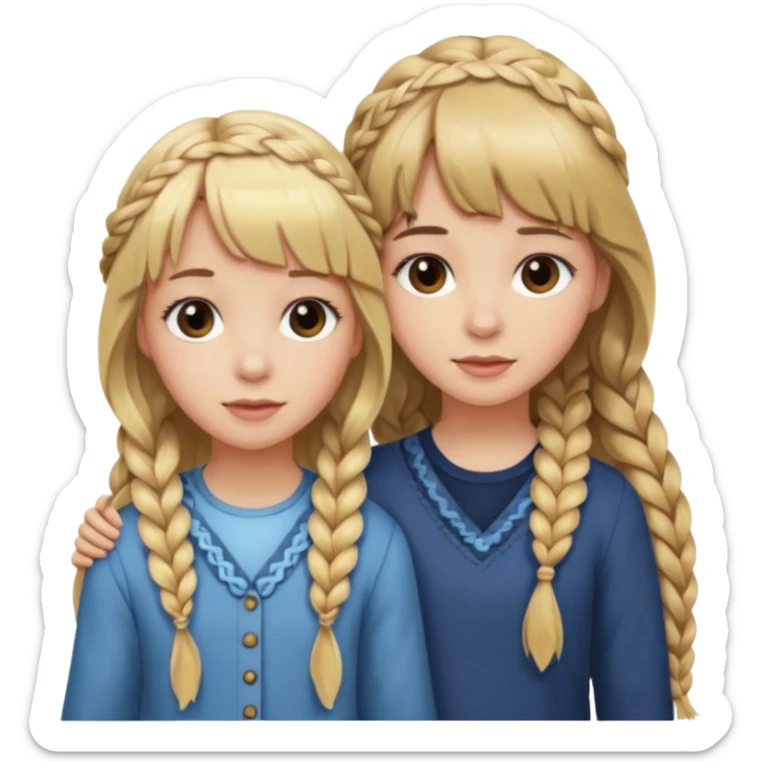 Sister with bangs and long wavy blonde hair and her sister with brown hair with bangs and longb hair braided to one side.  Close loving sisters💛 sticker