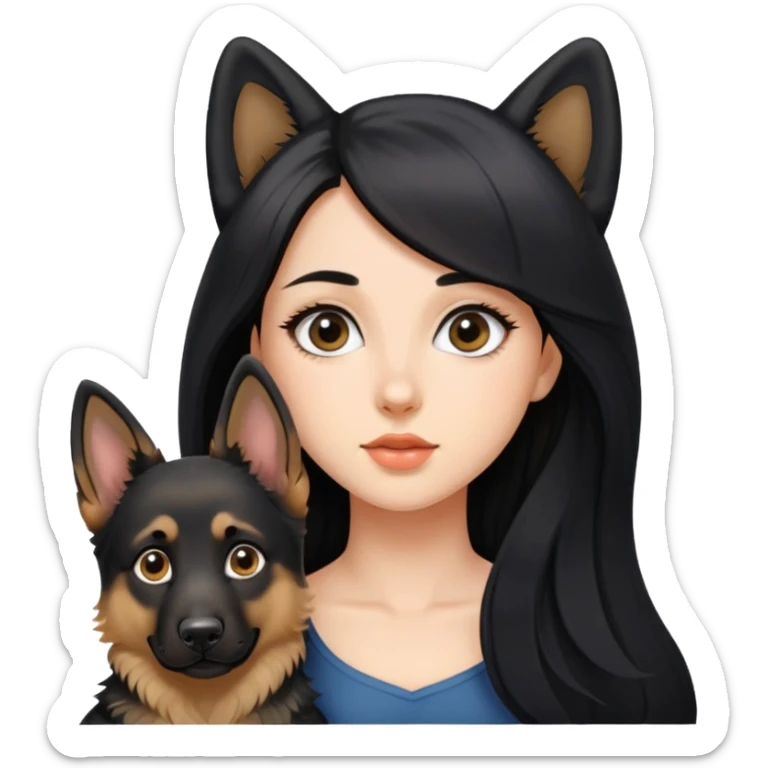 A beautiful girl with big eyes, fair skin, long black hair, and a German Shepherd dog sticker