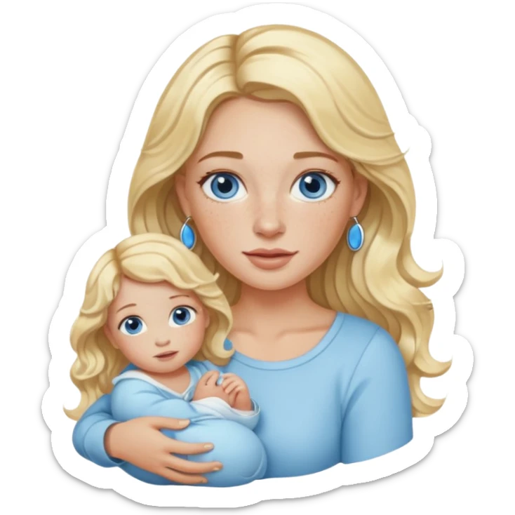 Wavy blonde, white woman with blue eyes, freckles hoop earrings, holding babies sticker