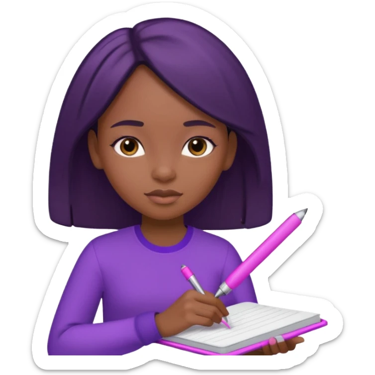 Une fille noir au cheveux lisse qui est entrain d’écrire avec un stylo rose sur un cahier violet sticker