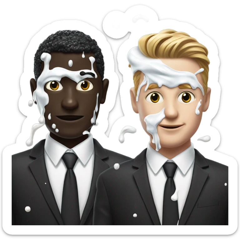Two men covered in yogurt wearing black suits with yogurt on both of their heads, and more yogurt on their suits, but white skin, and wearing black jackets sticker