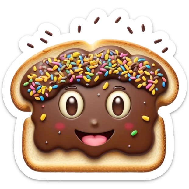 Cinematic Realistic Hagelslag Treat Emoji, depicted as crunchy chocolate sprinkles on buttered bread rendered with vivid textures and playful, inviting lighting. sticker