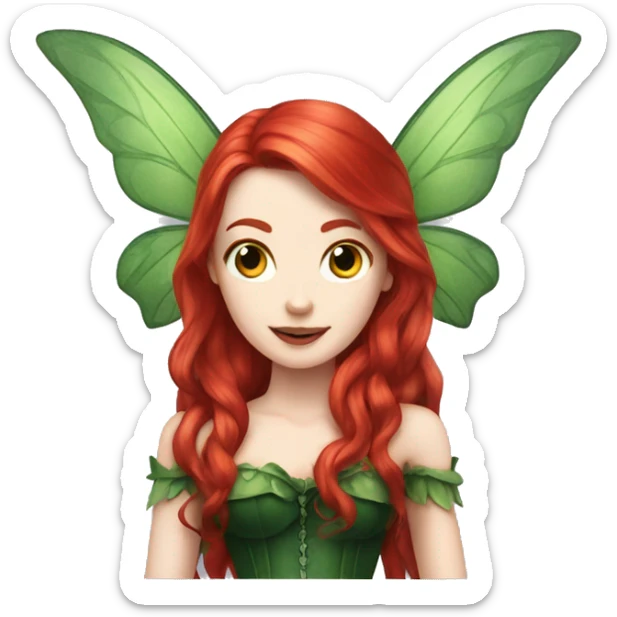 Fairy with long red hair pale skin deep green wings and green corset sticker