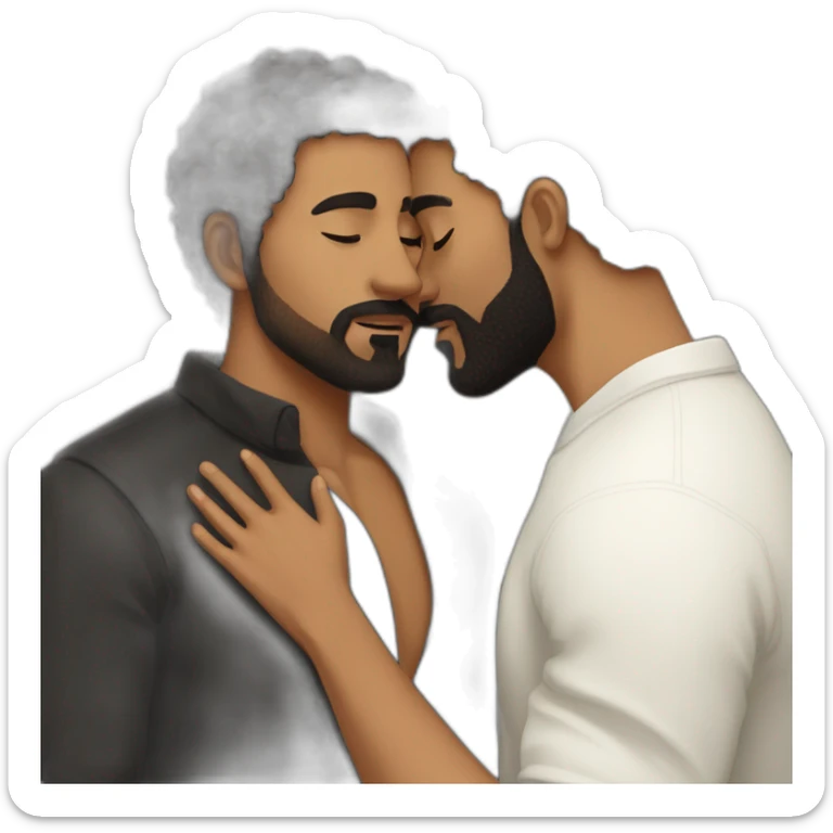 Brown man with a smooth black hair cut fade and a black beard kissing a White woman with long brown curly hair sticker
