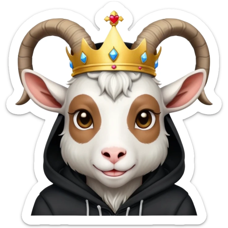Goat with horns wearing black hoodie and a royal crown do the love sticker