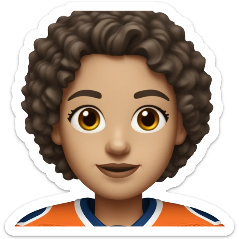 white woman with shoulder length dark brown curly hair wearing an Edmonton oilers jersey sticker
