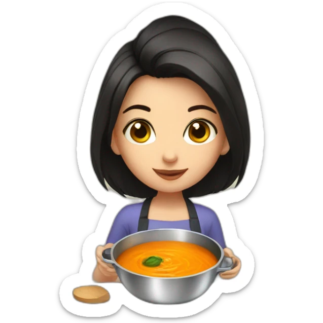 Girl with dark eyes and dark hair, cooking soup with pumpkin sticker