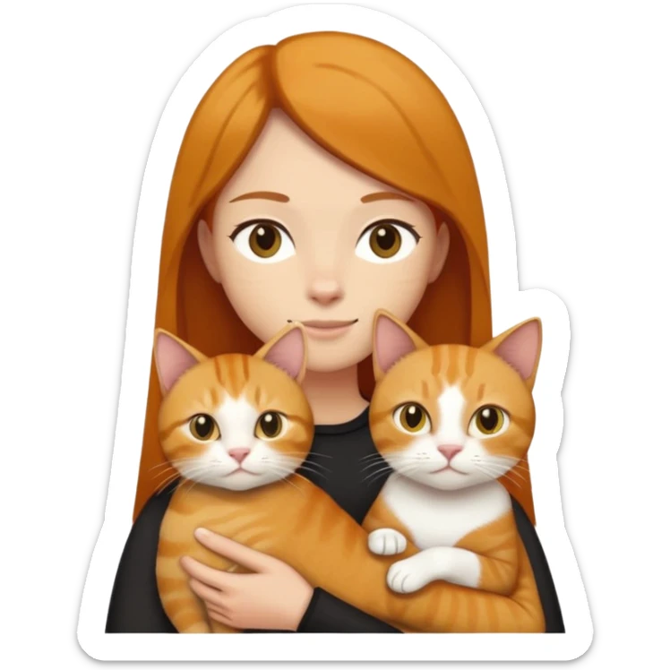 Straight hair ear length in dark brown , holding one ginger cat and one yellow white cat same size  sticker