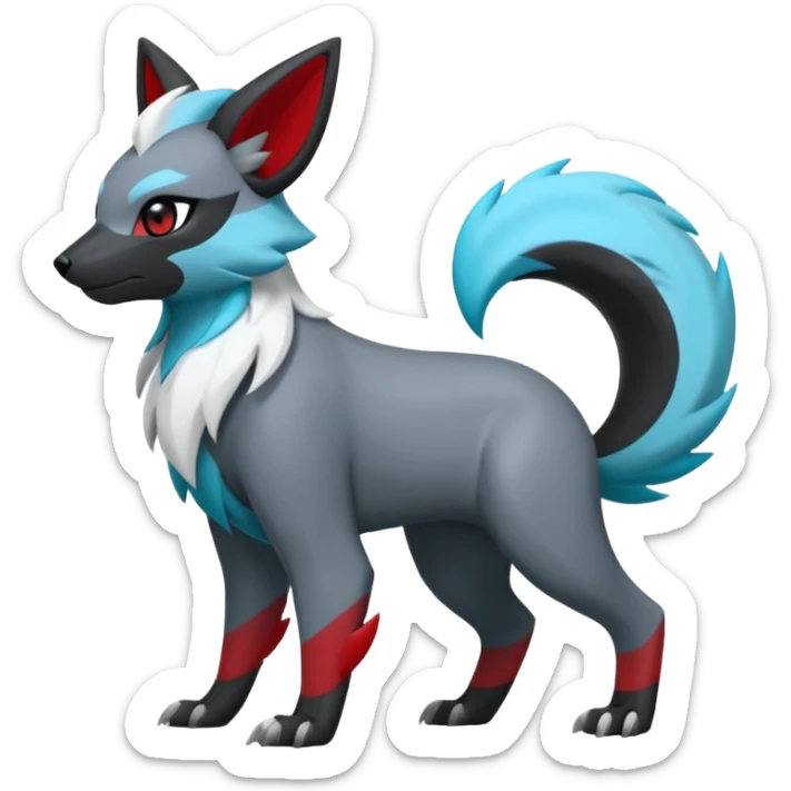 Shiny black with white, grey and red and cyan Linoone-Absol-Zorua-Trico-Hybrid (Full body) sticker