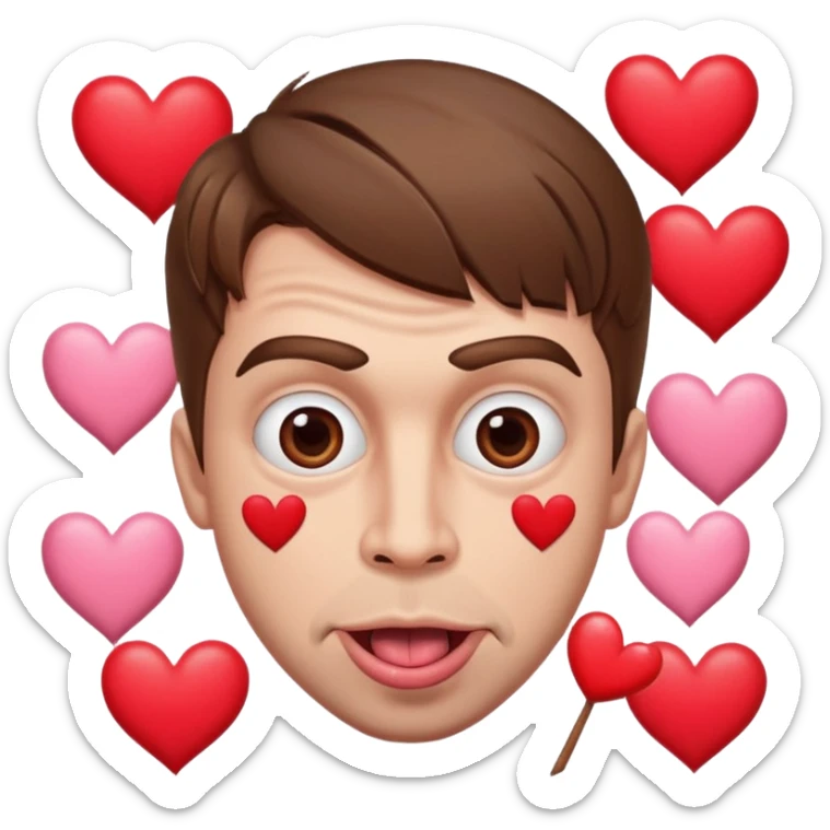 A cross eyed man with brown hair goon face their tongue out far with Valentine’s Day decor/hearts around eyes facing different directions sticker