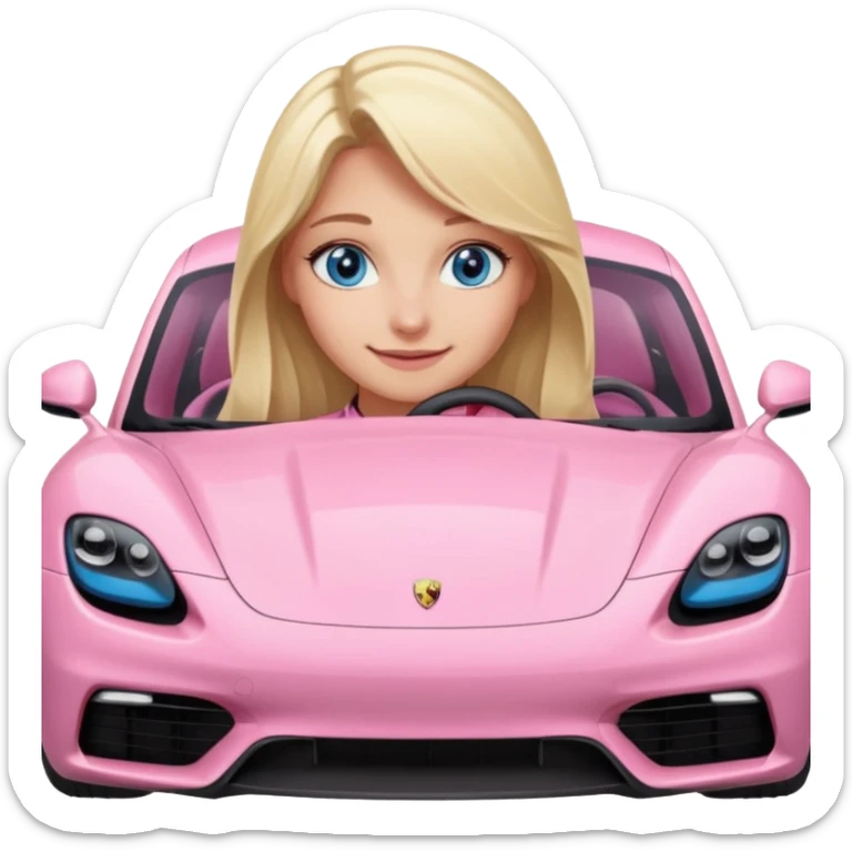 Blonde girl with blue eyes sitting infront of a pink porsche taycan sticker