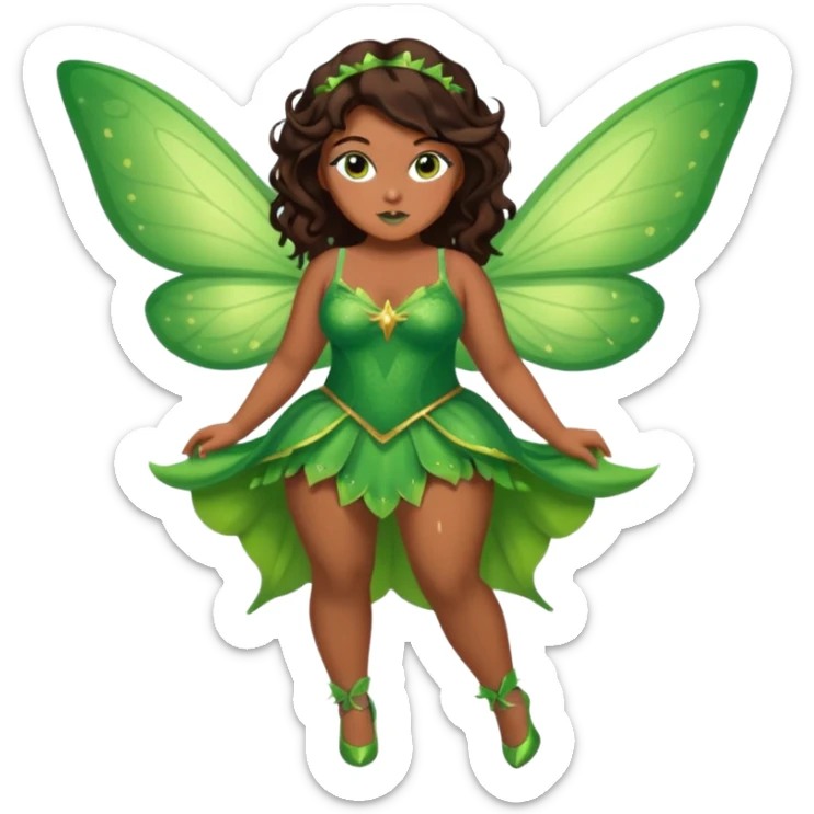 Pretty thick girl with caramel skin. Dark brown hair and brown eyes. She has freckles. Wearing sexy makeup. Wearing a green fairy costume and heels and flying sticker