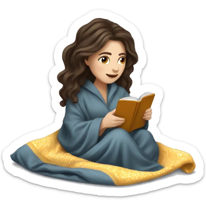 White girl, brunette wavy hair, reading kindle under a blanket sticker