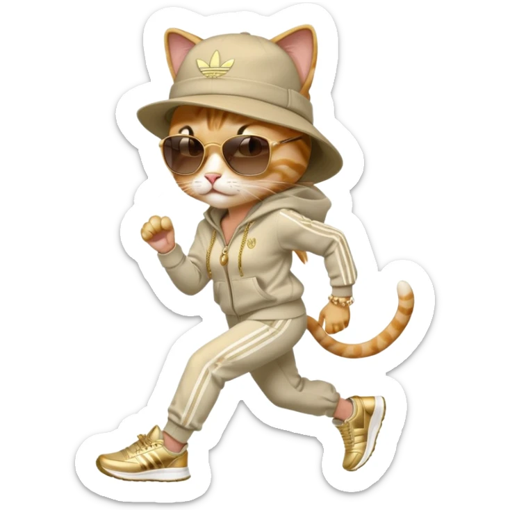 female cat with strong Run DMC hip-hop vibes, bold tracksuit, Adidas sneakers, gold chains, fedora hat, dark sunglasses, jogging upright sticker