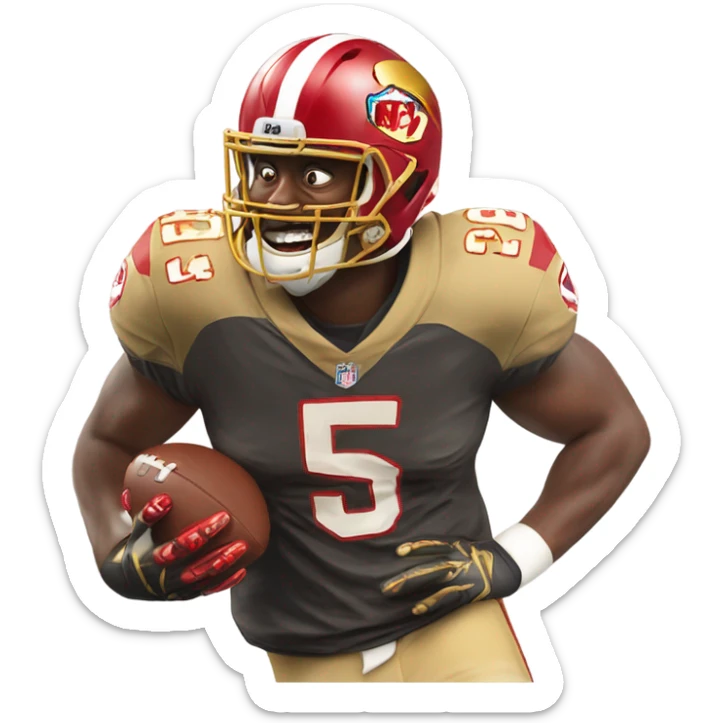 The face of an NFL player who has a red and gold jersey and his number 54 and is laughing as hard as he possibly can sticker