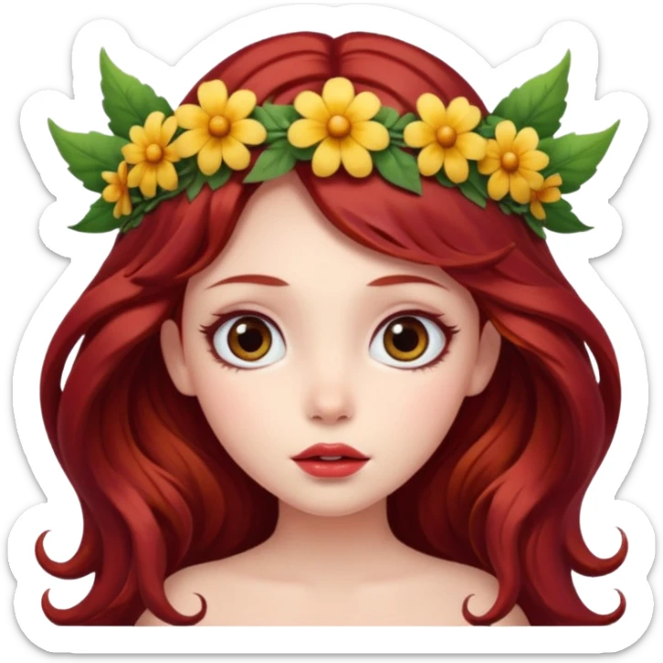 long and wavy dark red haired girl, with thick lips, big eyes and she looks like a fairy sticker